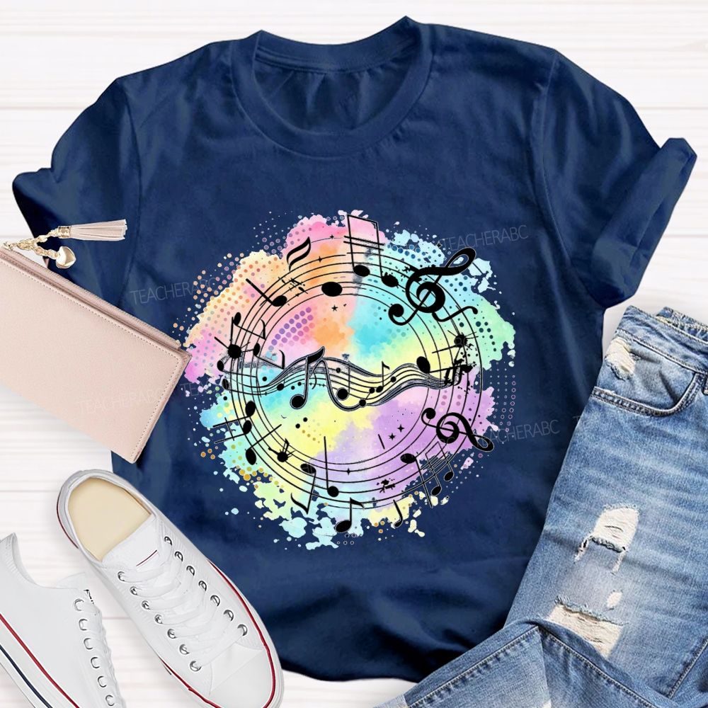 Rainbow Watercolor Music Notes Treble Clef Sheet Music Teacher T-shirt