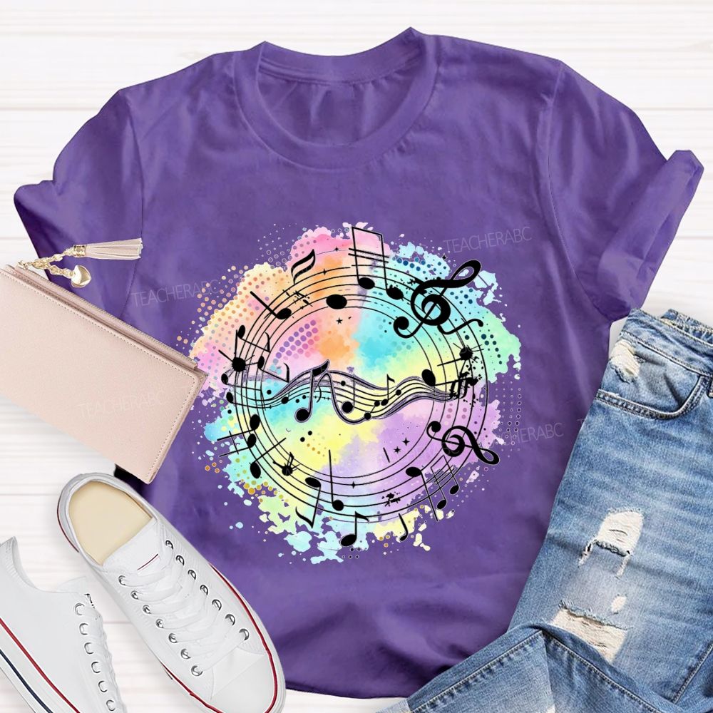 Rainbow Watercolor Music Notes Treble Clef Sheet Music Teacher T-shirt