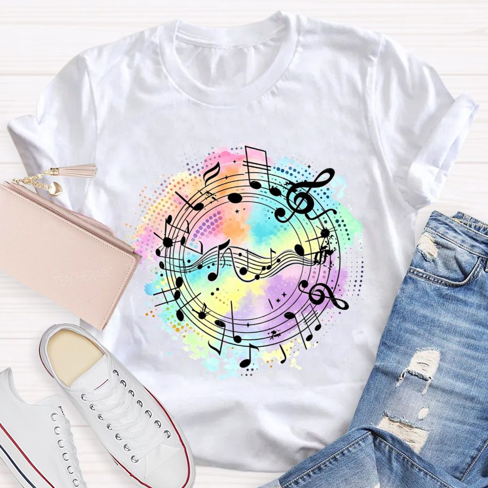 Rainbow Watercolor Music Notes Treble Clef Sheet Music Teacher T-shirt