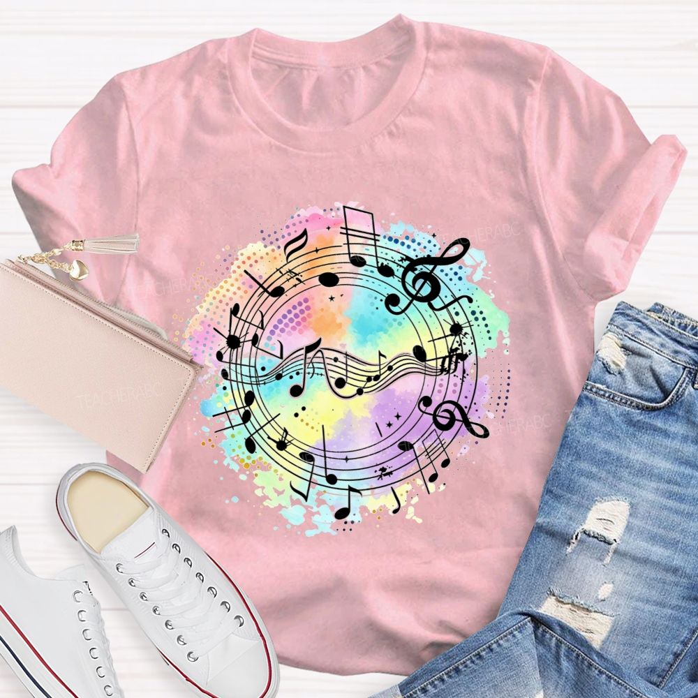 Rainbow Watercolor Music Notes Treble Clef Sheet Music Teacher T-shirt