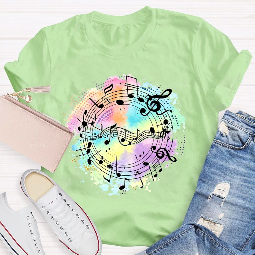 Rainbow Watercolor Music Notes Treble Clef Sheet Music Teacher T-shirt