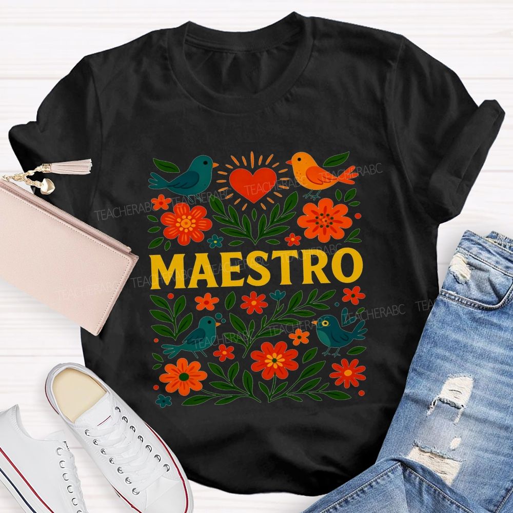 Maestro Heart Flower Bird Bilingual Teacher T-shirt