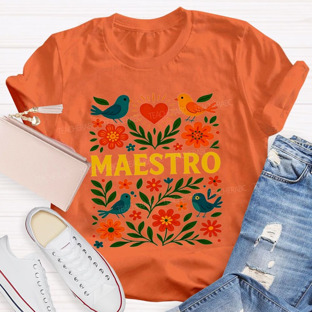 Maestro Heart Flower Bird Bilingual Teacher T-shirt