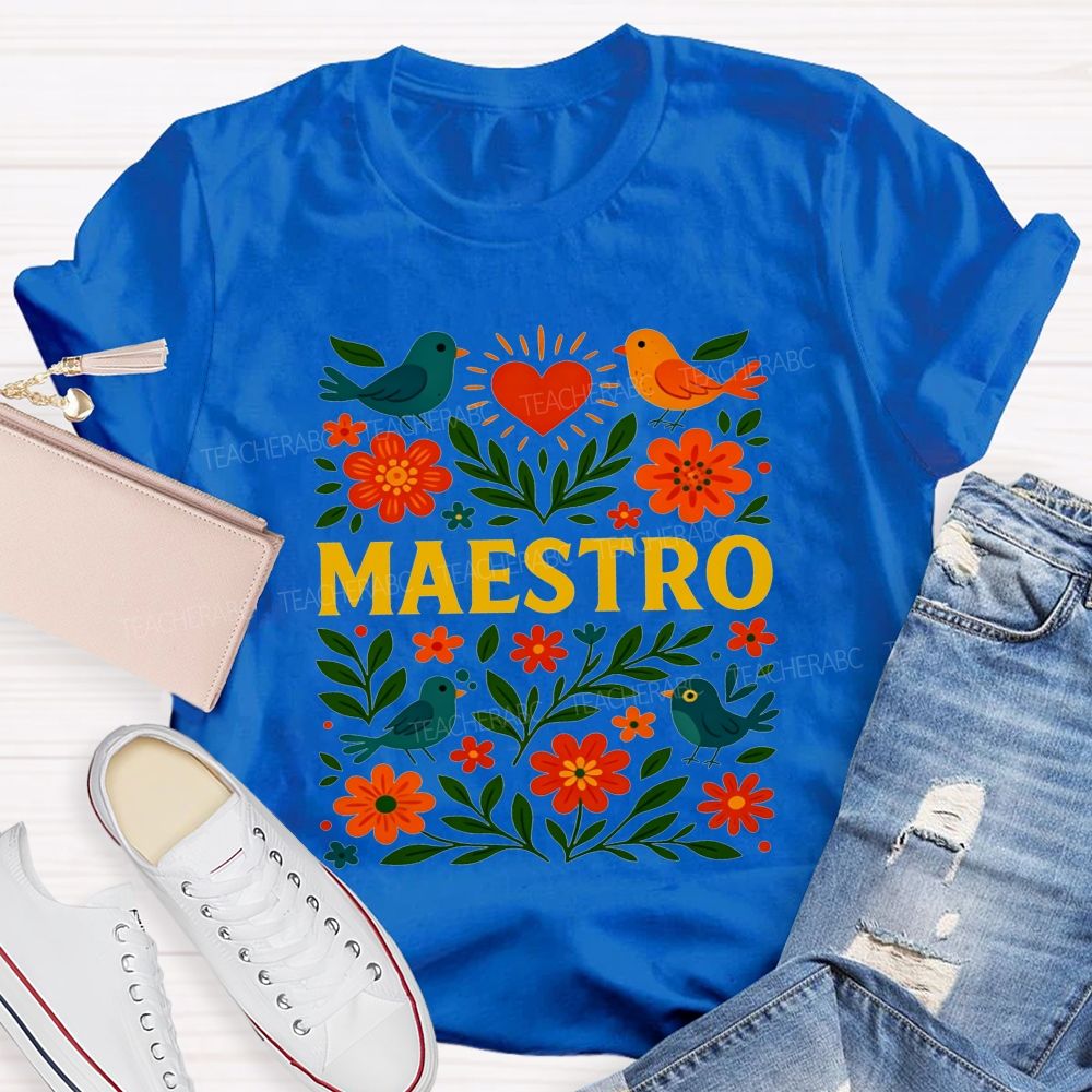 Maestro Heart Flower Bird Bilingual Teacher T-shirt