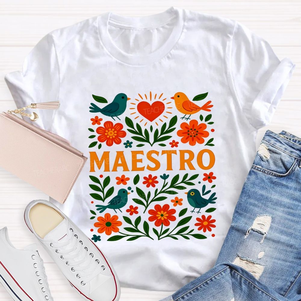 Maestro Heart Flower Bird Bilingual Teacher T-shirt