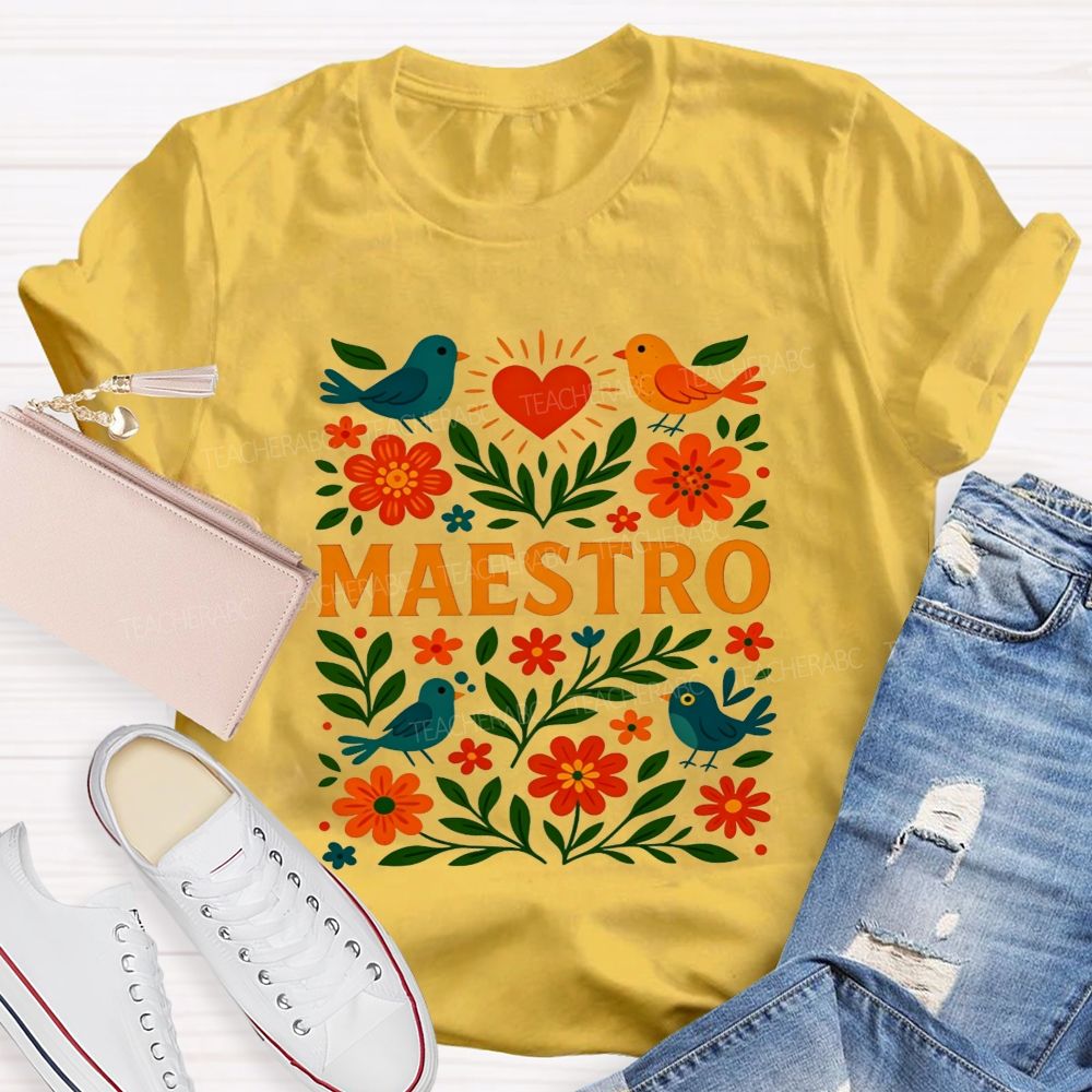 Maestro Heart Flower Bird Bilingual Teacher T-shirt