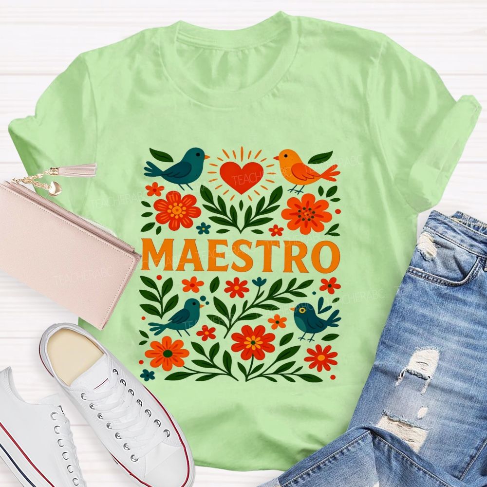 Maestro Heart Flower Bird Bilingual Teacher T-shirt