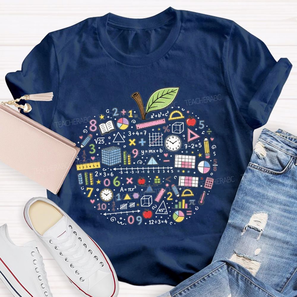 Math Teacher Apple Doodle Math Equations Geometry Formulas T-shirt