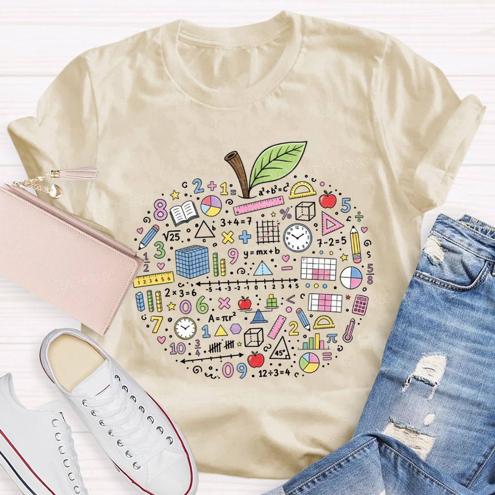 Math Teacher Apple Doodle Math Equations Geometry Formulas T-shirt