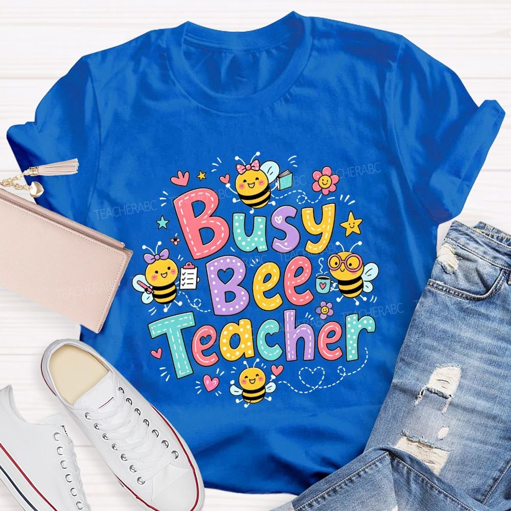 Busy Bee Teacher Cartoon Bees Colorful Floral Heart Teacher T-shirt