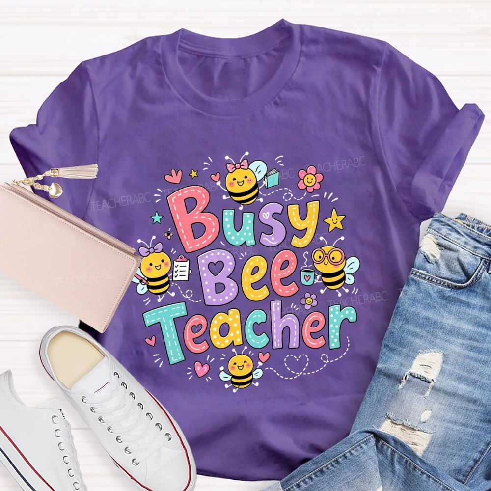 Busy Bee Teacher Cartoon Bees Colorful Floral Heart Teacher T-shirt