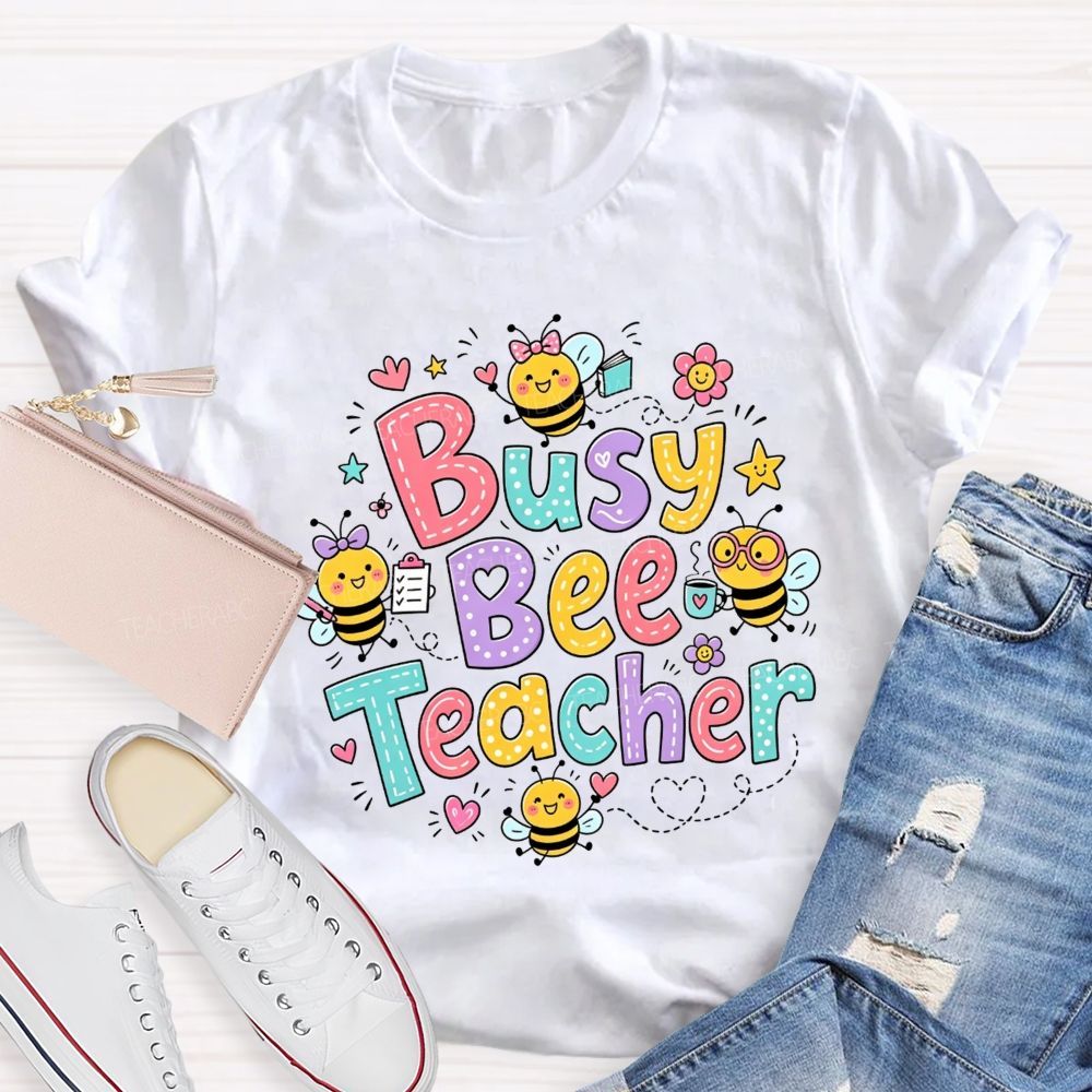 Busy Bee Teacher Cartoon Bees Colorful Floral Heart Teacher T-shirt