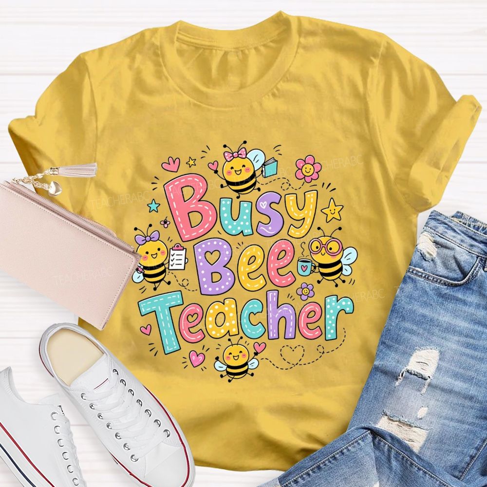 Busy Bee Teacher Cartoon Bees Colorful Floral Heart Teacher T-shirt