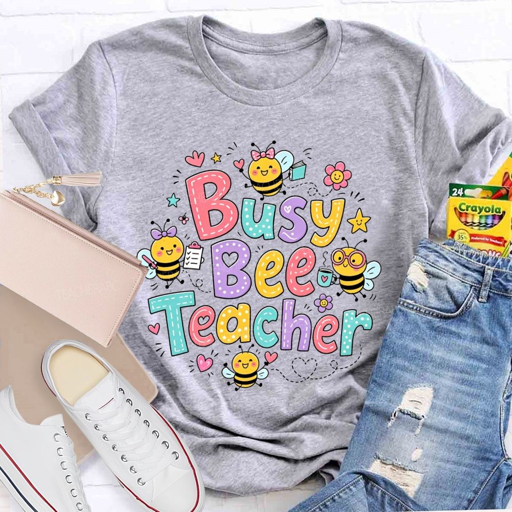 Busy Bee Teacher Cartoon Bees Colorful Floral Heart Teacher T-shirt