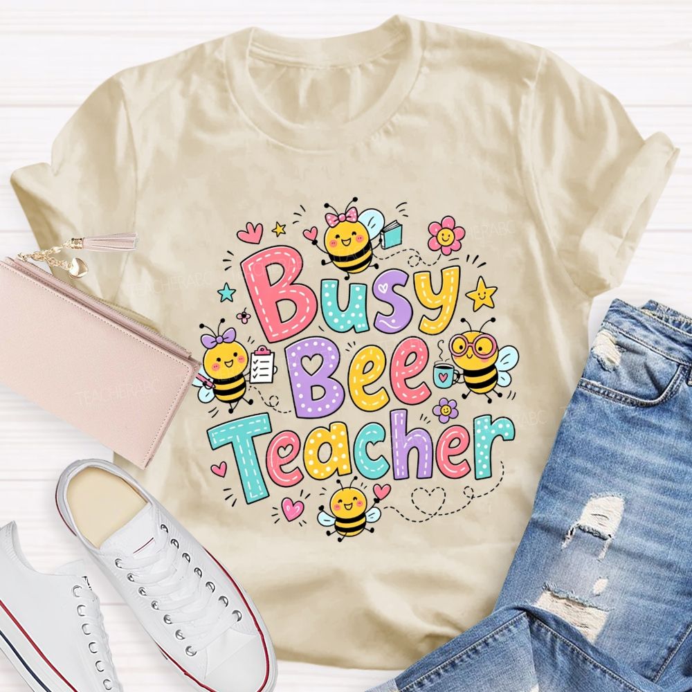 Busy Bee Teacher Cartoon Bees Colorful Floral Heart Teacher T-shirt