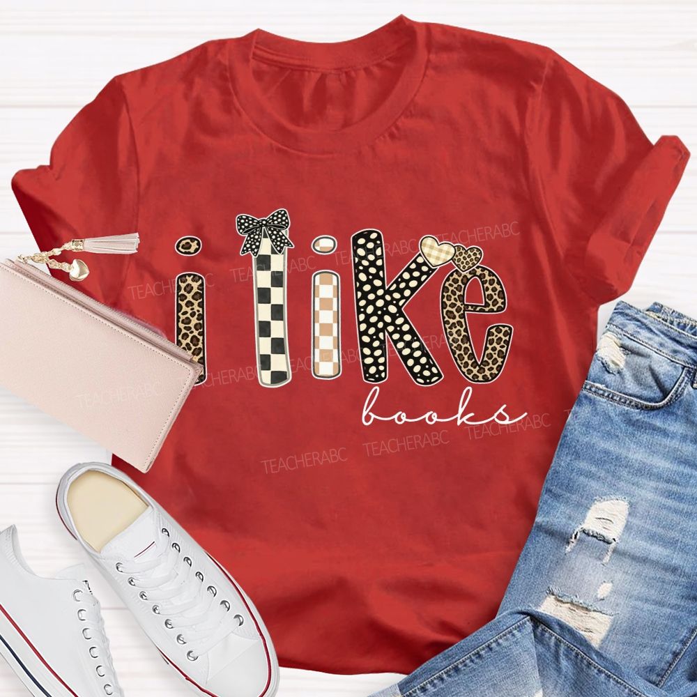 I Like Books Leopard Checkered Gingham Bow Heart Book Lover Teacher T-shirt