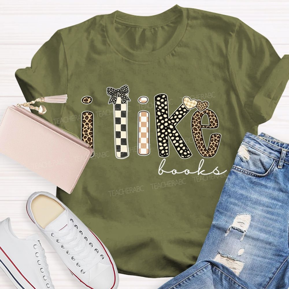 I Like Books Leopard Checkered Gingham Bow Heart Book Lover Teacher T-shirt