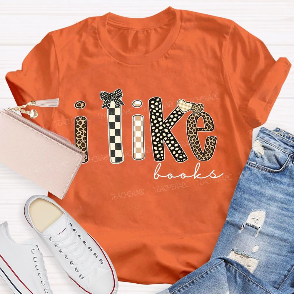 I Like Books Leopard Checkered Gingham Bow Heart Book Lover Teacher T-shirt