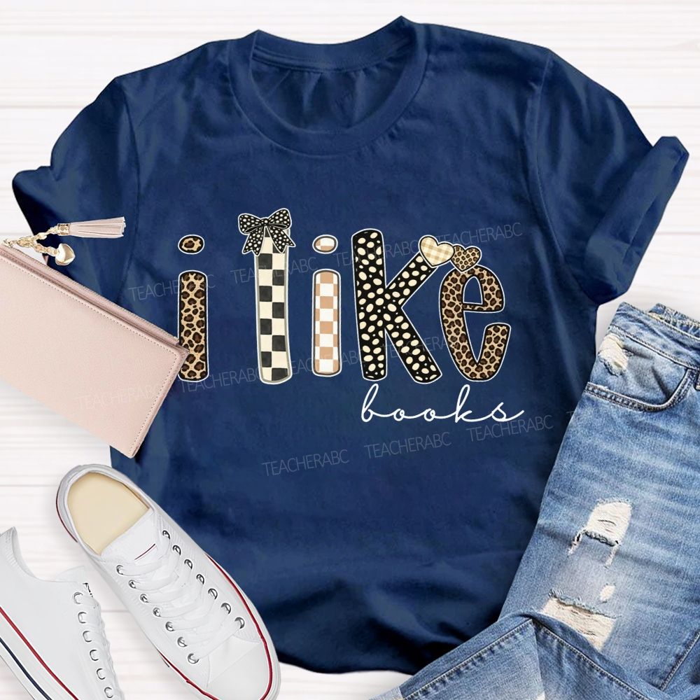 I Like Books Leopard Checkered Gingham Bow Heart Book Lover Teacher T-shirt