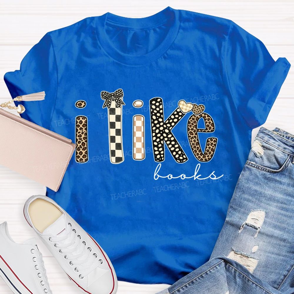 I Like Books Leopard Checkered Gingham Bow Heart Book Lover Teacher T-shirt