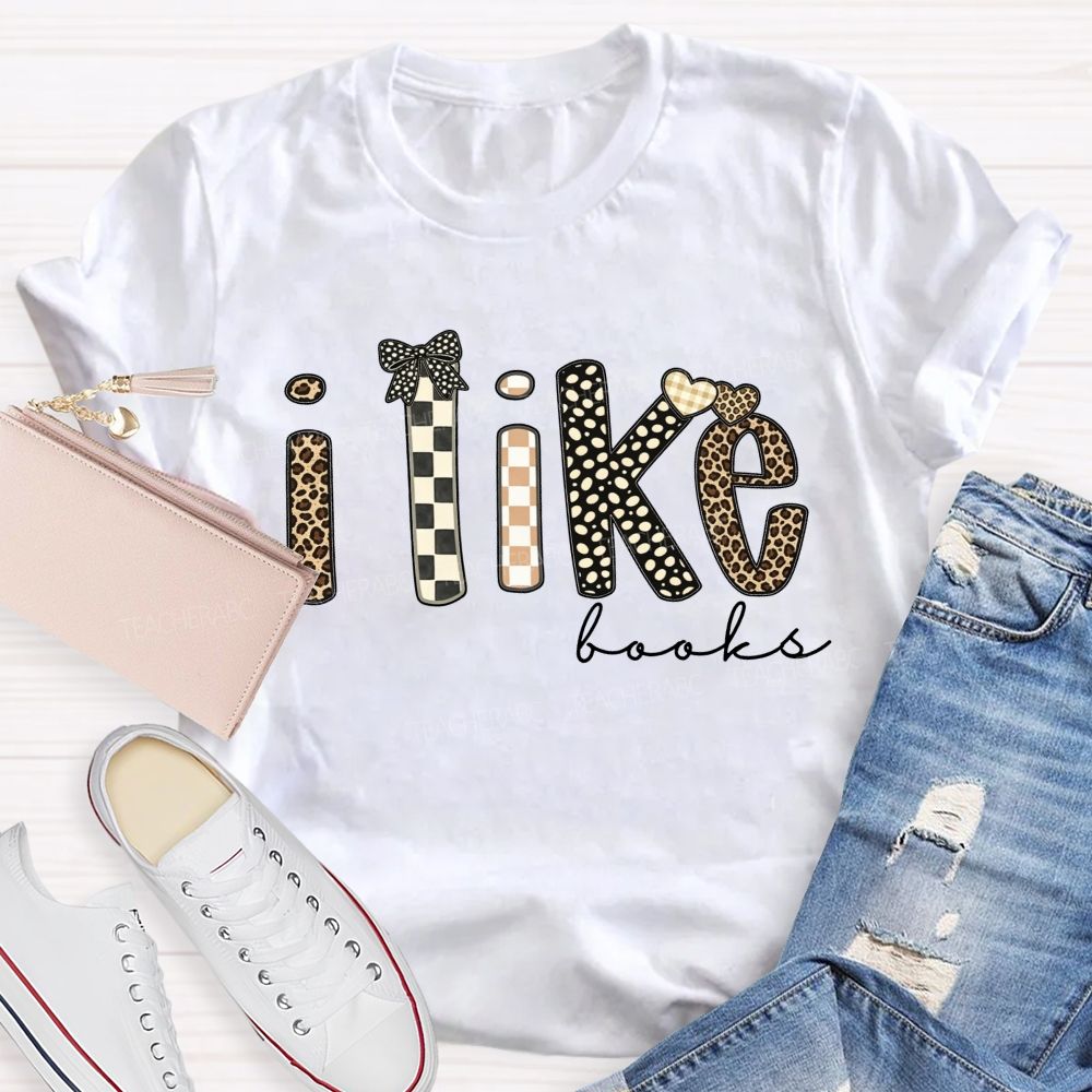 I Like Books Leopard Checkered Gingham Bow Heart Book Lover Teacher T-shirt