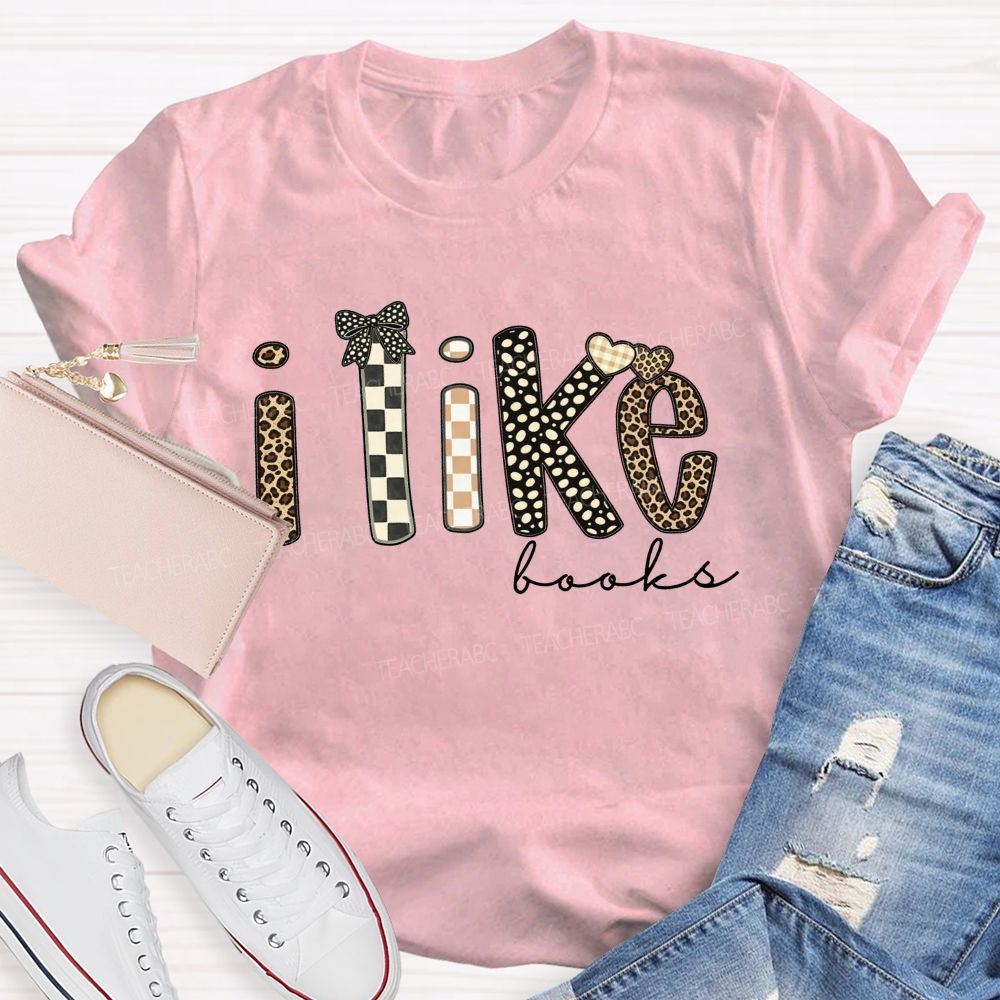 I Like Books Leopard Checkered Gingham Bow Heart Book Lover Teacher T-shirt
