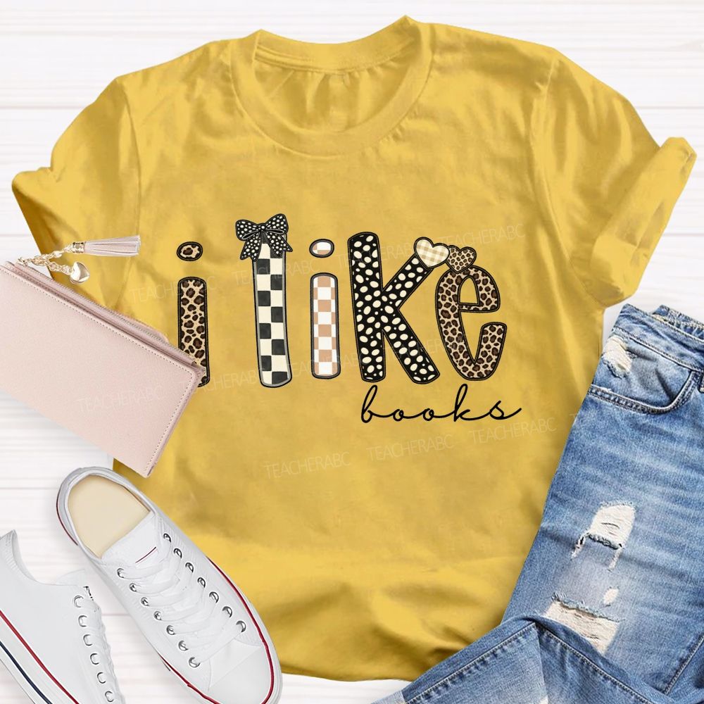 I Like Books Leopard Checkered Gingham Bow Heart Book Lover Teacher T-shirt
