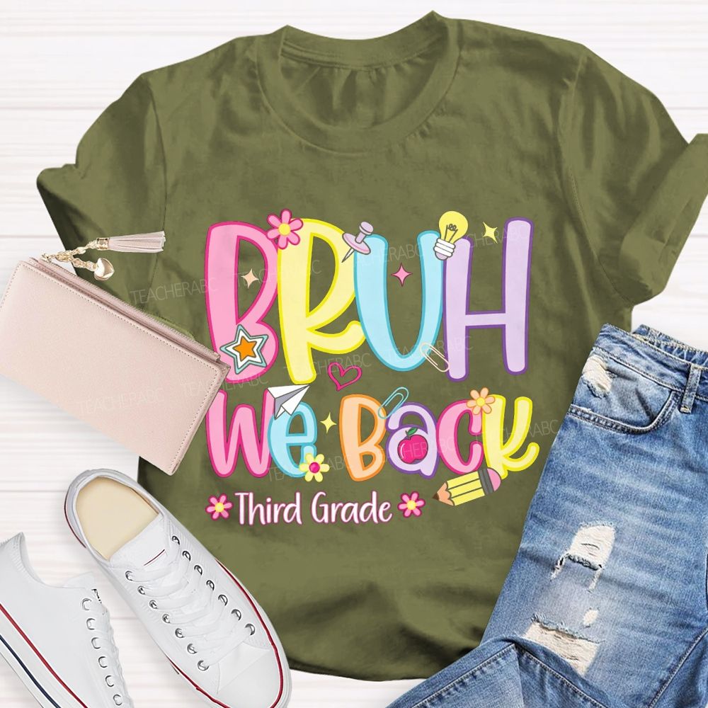 Personalized Grade Bruh We Back Apple Pencil Light Bulb Star Teacher T-shirt