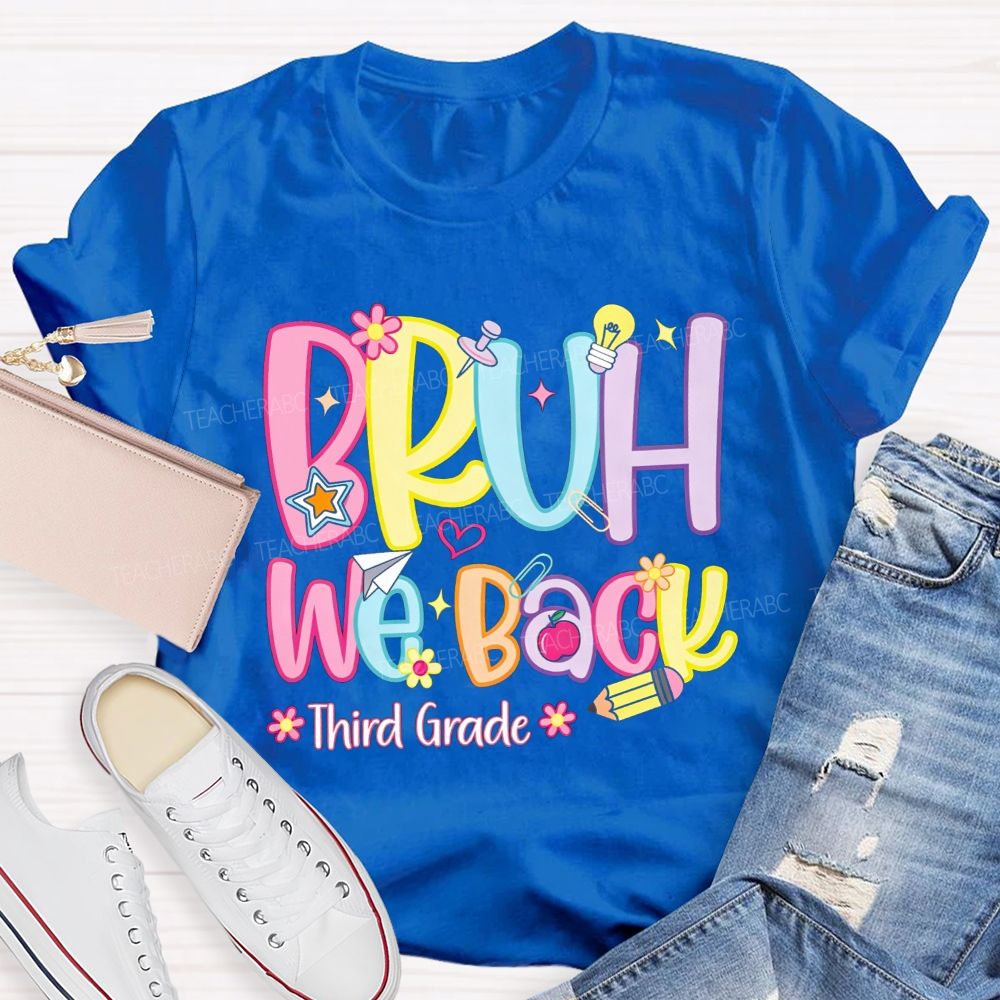 Personalized Grade Bruh We Back Apple Pencil Light Bulb Star Teacher T-shirt