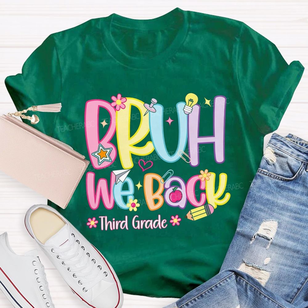 Personalized Grade Bruh We Back Apple Pencil Light Bulb Star Teacher T-shirt