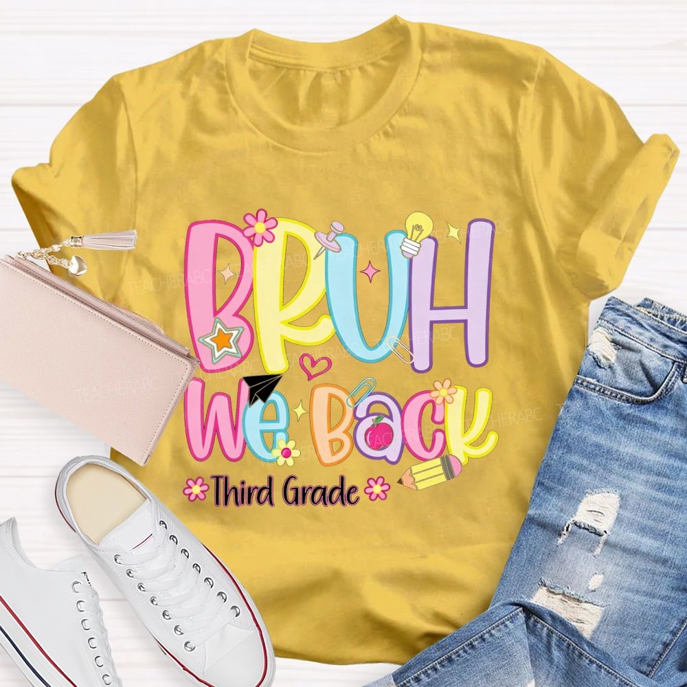 Personalized Grade Bruh We Back Apple Pencil Light Bulb Star Teacher T-shirt