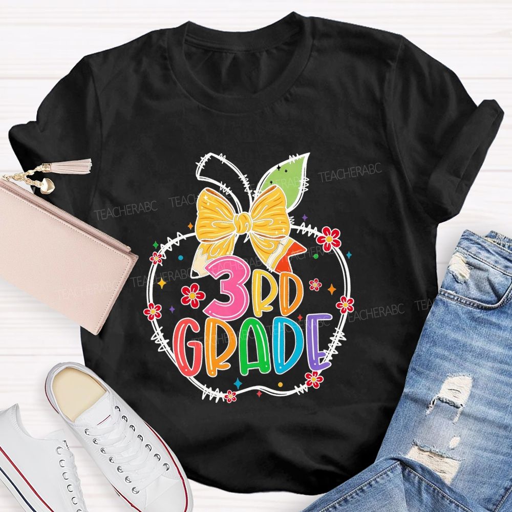Personalized Grade 3rd Grade Apple Pencil Bow Floral Star Rainbow Teacher T-shirt
