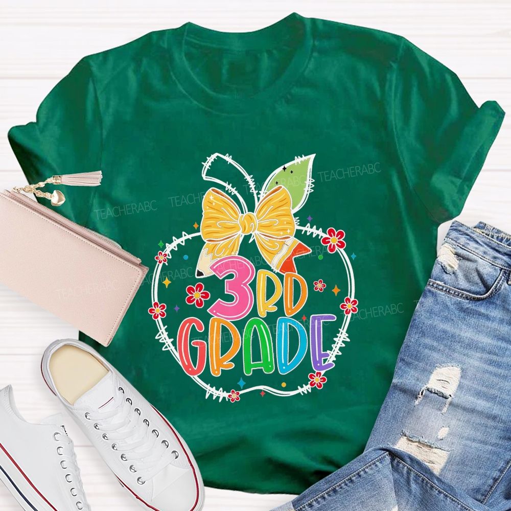 Personalized Grade 3rd Grade Apple Pencil Bow Floral Star Rainbow Teacher T-shirt