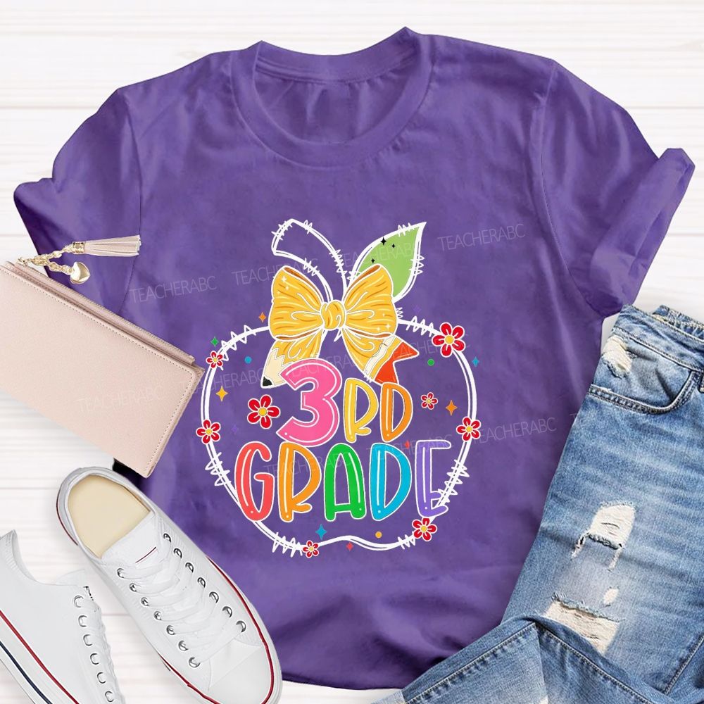 Personalized Grade 3rd Grade Apple Pencil Bow Floral Star Rainbow Teacher T-shirt