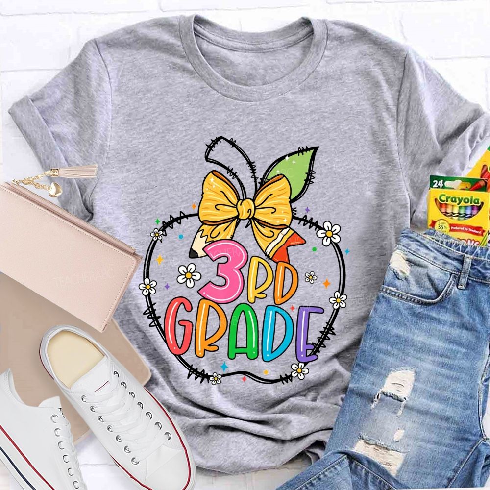 Personalized Grade 3rd Grade Apple Pencil Bow Floral Star Rainbow Teacher T-shirt