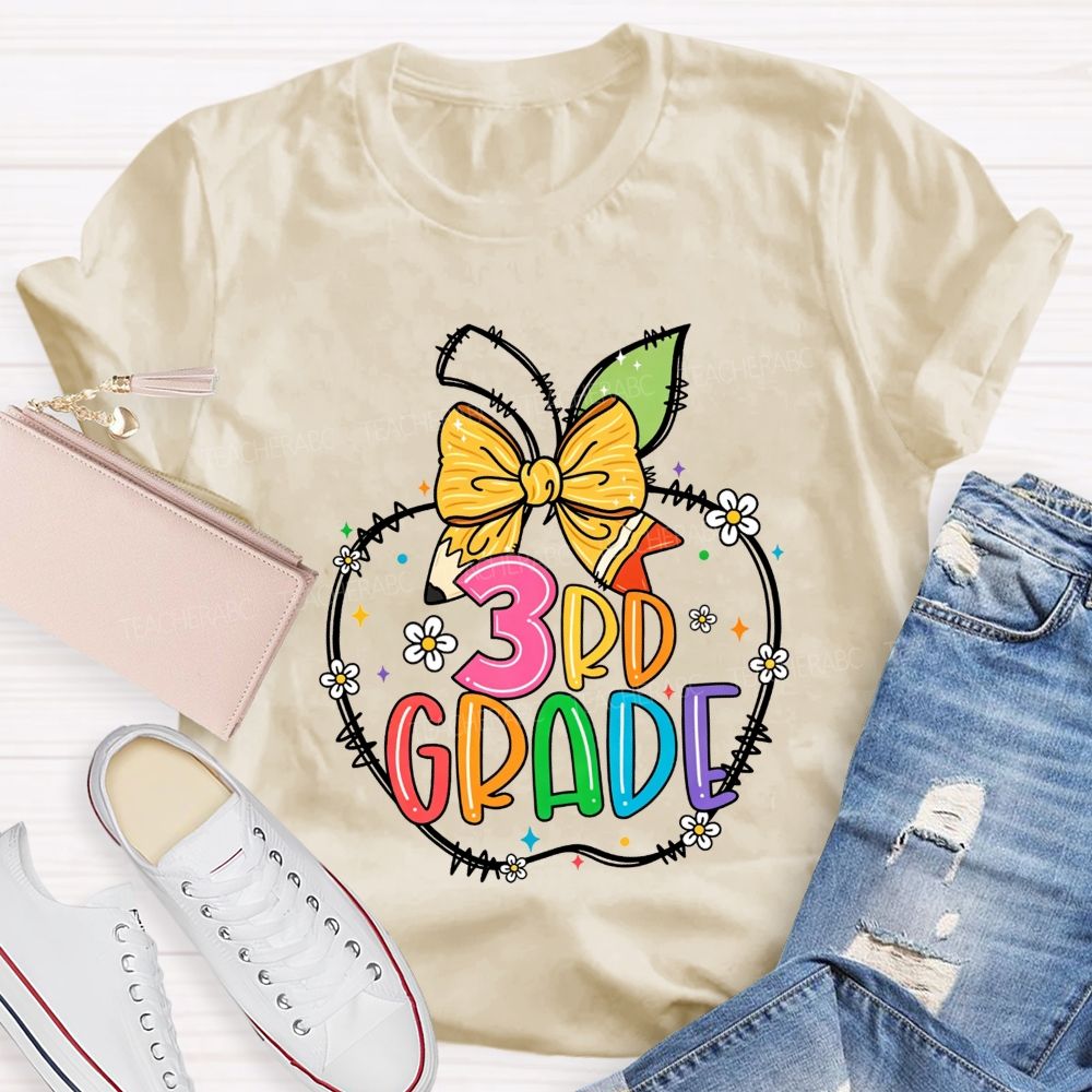 Personalized Grade 3rd Grade Apple Pencil Bow Floral Star Rainbow Teacher T-shirt