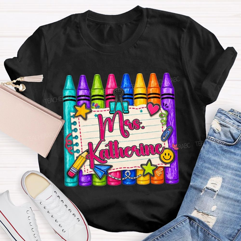 Personalized Name Colorful Crayon Notebook Doodle Teacher T-shirt