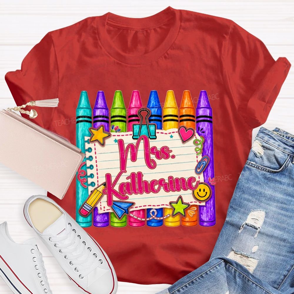 Personalized Name Colorful Crayon Notebook Doodle Teacher T-shirt