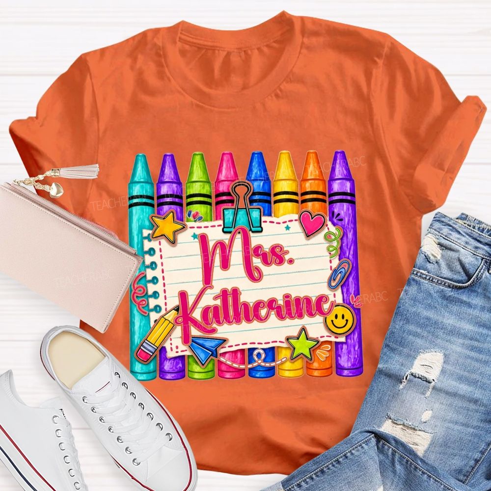 Personalized Name Colorful Crayon Notebook Doodle Teacher T-shirt