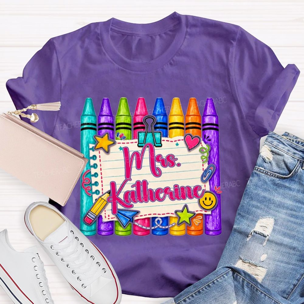 Personalized Name Colorful Crayon Notebook Doodle Teacher T-shirt