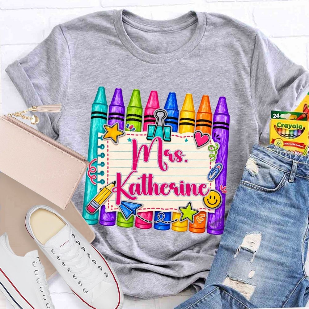 Personalized Name Colorful Crayon Notebook Doodle Teacher T-shirt