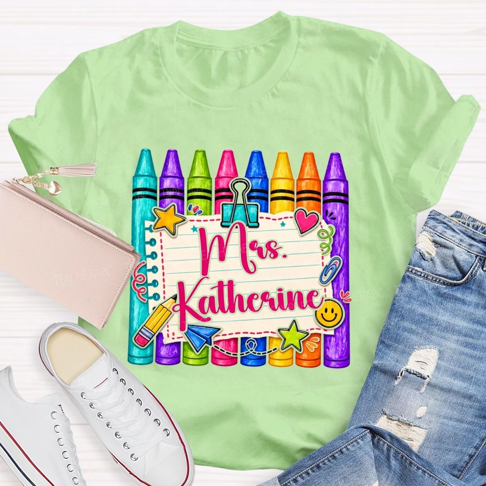 Personalized Name Colorful Crayon Notebook Doodle Teacher T-shirt