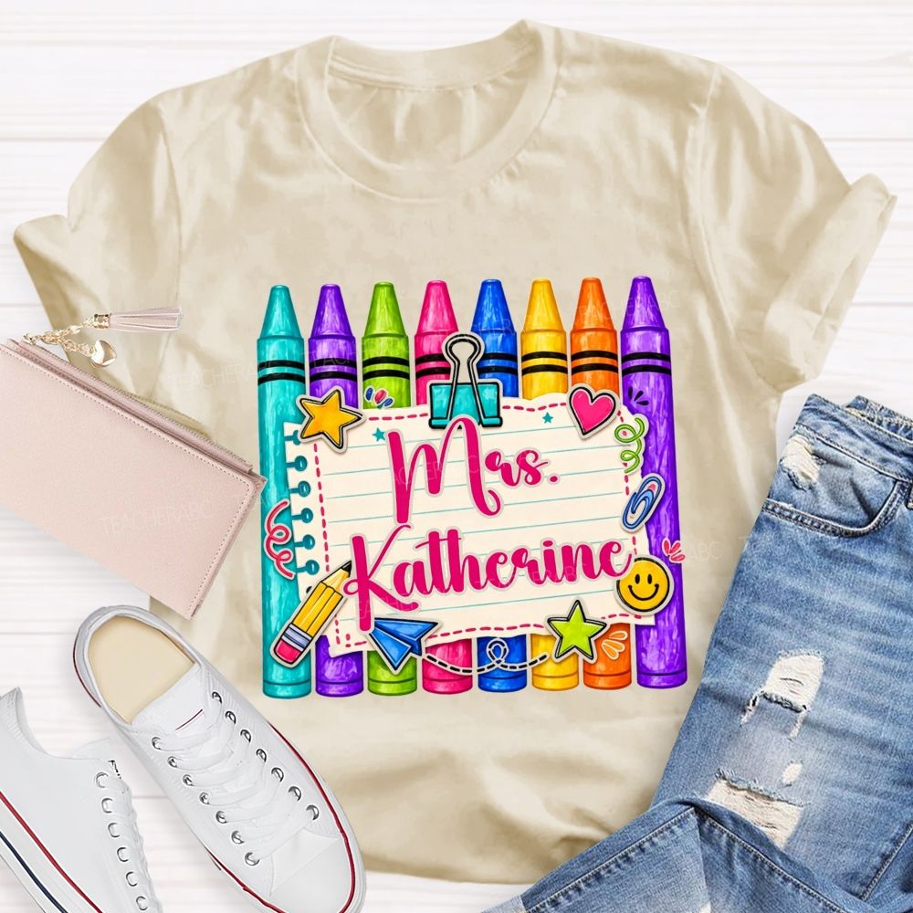 Personalized Name Colorful Crayon Notebook Doodle Teacher T-shirt