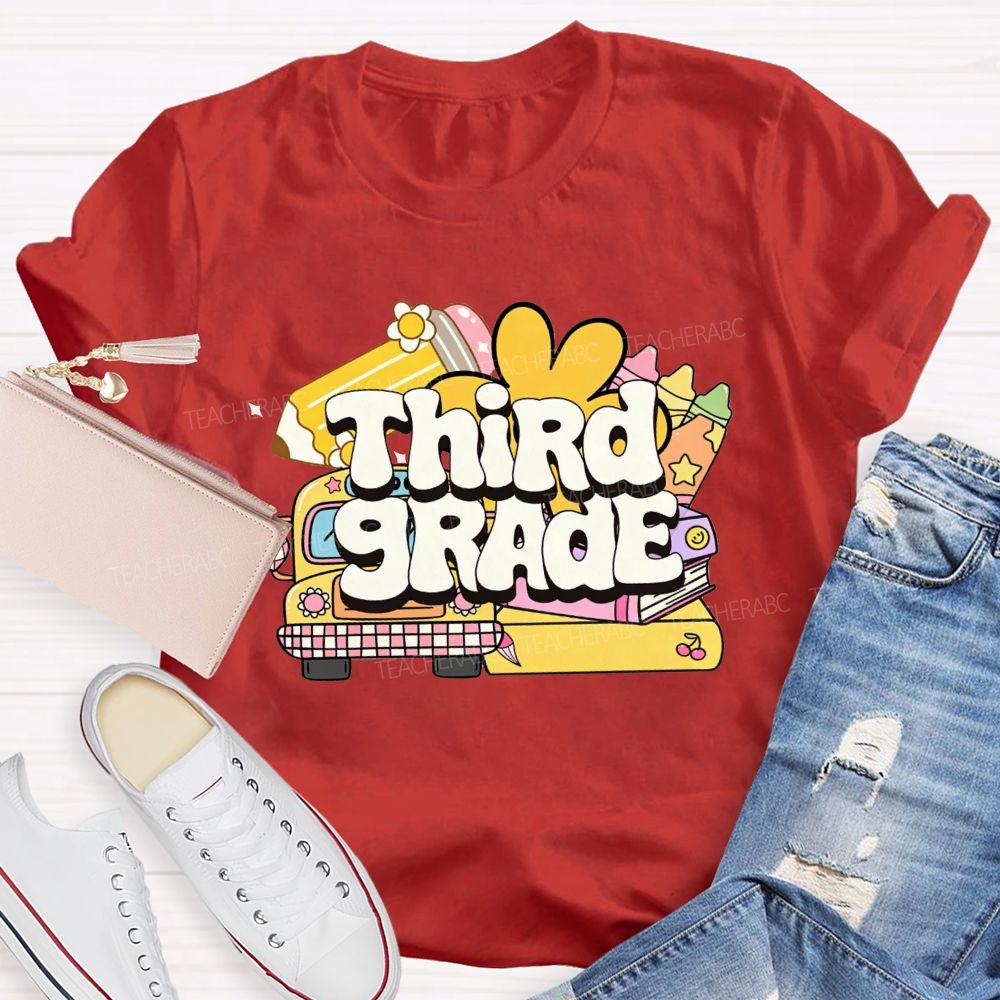 Personalized Grade Cartoon School Bus Stationery Doodle Teacher T-shirt