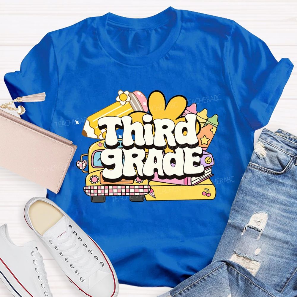 Personalized Grade Cartoon School Bus Stationery Doodle Teacher T-shirt