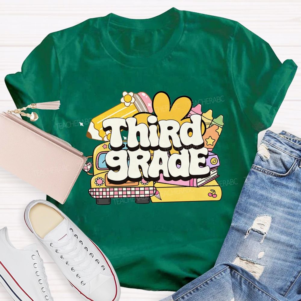 Personalized Grade Cartoon School Bus Stationery Doodle Teacher T-shirt