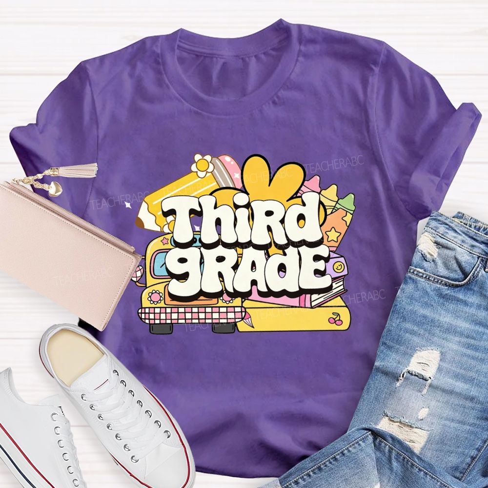 Personalized Grade Cartoon School Bus Stationery Doodle Teacher T-shirt