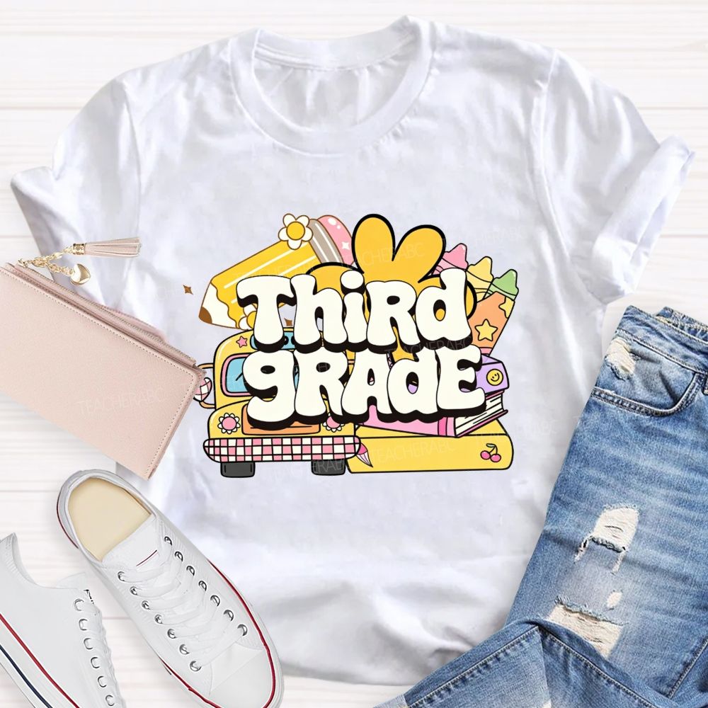 Personalized Grade Cartoon School Bus Stationery Doodle Teacher T-shirt