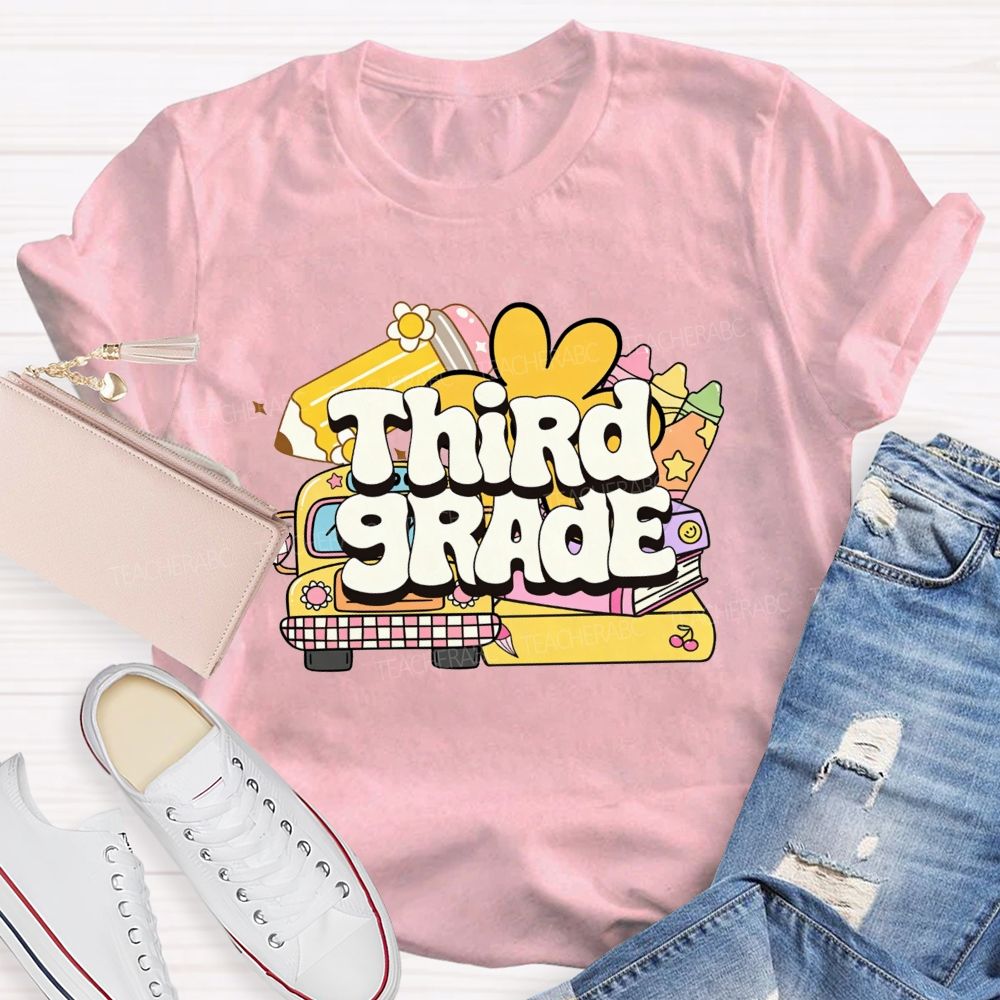 Personalized Grade Cartoon School Bus Stationery Doodle Teacher T-shirt