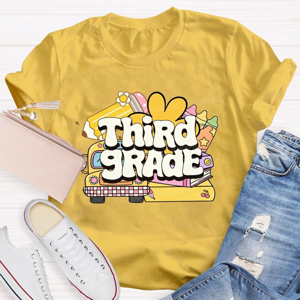 Personalized Grade Cartoon School Bus Stationery Doodle Teacher T-shirt